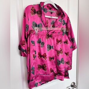Their Nibs Pink Bow Print Silky Pajama Set Coquette Feminine Boutique Loungewear